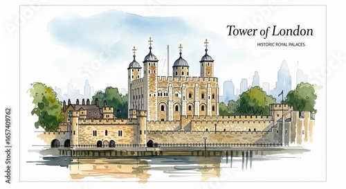 Digital painting of a view of the modern structure and landmark of the Tower of London. In watercolor style and text for display, wallpaper and more.
