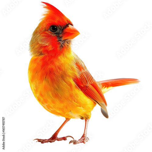and keyword list based on the image.. Cardinal Bird Perching, Bright Feathers Standing on Ground, Side Profile