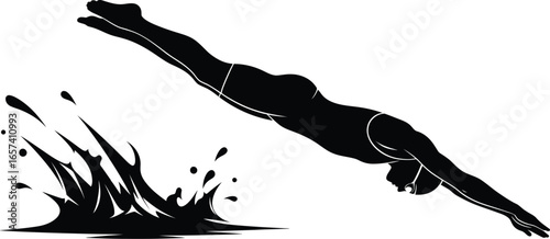 A black and vector illustration of a swimmer diving into water, ideal for sports or fitness related designs