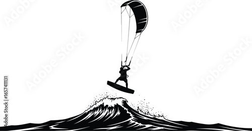 Silhouette of a kitesurfer performing a jump a wave, capturing thrill and excitement of this extreme water sport