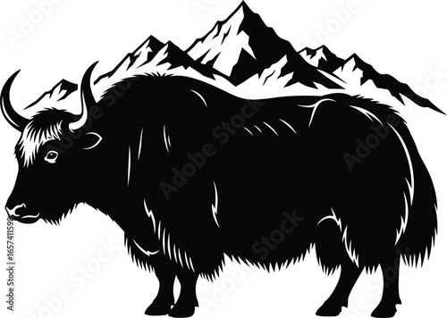 Majestic yak with mountain backdrop, a symbol of himalayas and tibet, representing strength and wild nature