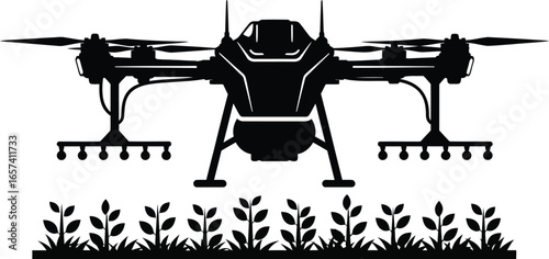 Silhouette of an agricultural drone spraying crops in a field, showcasing modern farming technology and precision agriculture