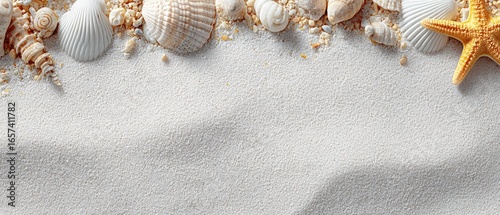 White sand beach with seashells and starfish