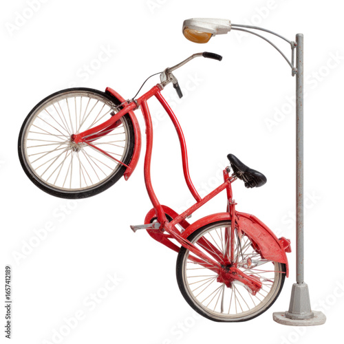 Isolated Red Bicycle with Street Lamp on Transparent Background