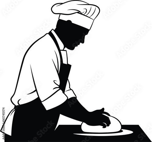 Silhouette of a chef kneading dough a table, illustrating culinary skills and art of baking