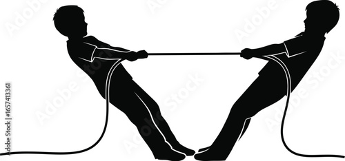 Silhouette illustration of two people engaged in a tug of war, symbolizing competition, strength, and challenge of teamwork