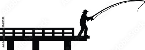 Silhouette of a fisherman casting a fishing rod from a pier, a simple black and illustration of a man enjoying his hobby