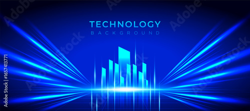 Technology background vector with glowing blue light beams and futuristic city building shapes on dark blue background. banners, templates, and digital technology projects