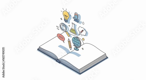 Open book with education and idea icons emerging, symbolizing learning, knowledge, and innovation in a stylized illustration.