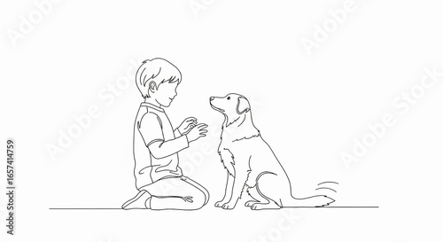 Happy child kneeling and playing with a friendly dog, a heartwarming illustration of childhood friendship and pet love, perfect for children's book illustrations, greeting cards, or pet-related websit
