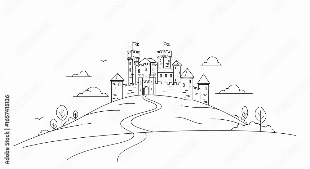 Obraz premium Majestic medieval castle with flag atop a grassy hill with a winding path and scattered trees under a cloudy sky.
