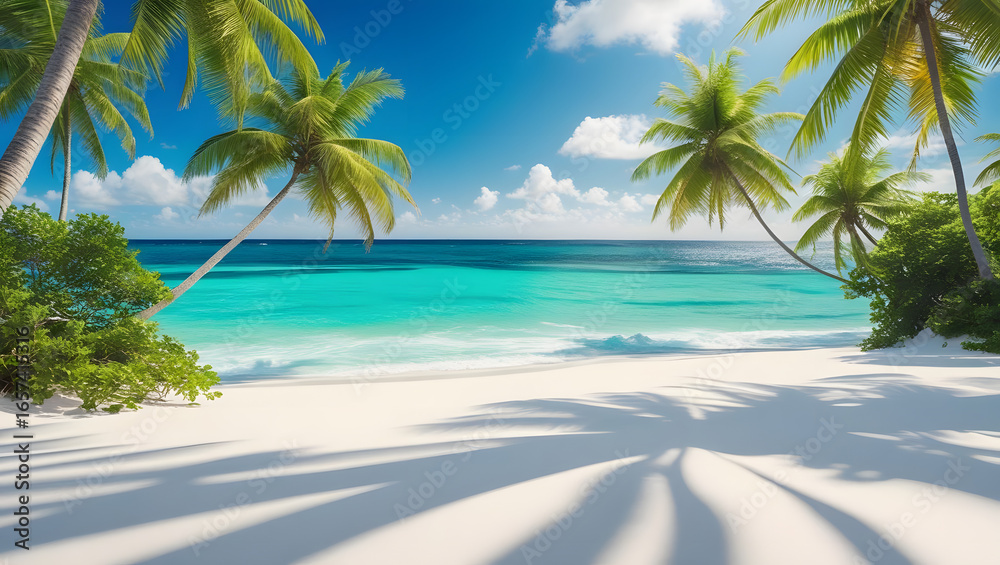 Obraz premium Tropical beach background, white sand, turquoise ocean, palm trees, bright sunlight