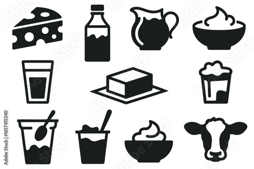 Icon set of dairy items featuring milk cheese butter yogurt cream and farm cow illustration vector