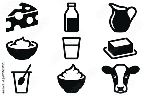 Icon set of dairy items featuring milk cheese butter yogurt cream and farm cow illustration vector