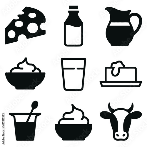 Icon set of dairy items featuring milk cheese butter yogurt cream and farm cow illustration vector