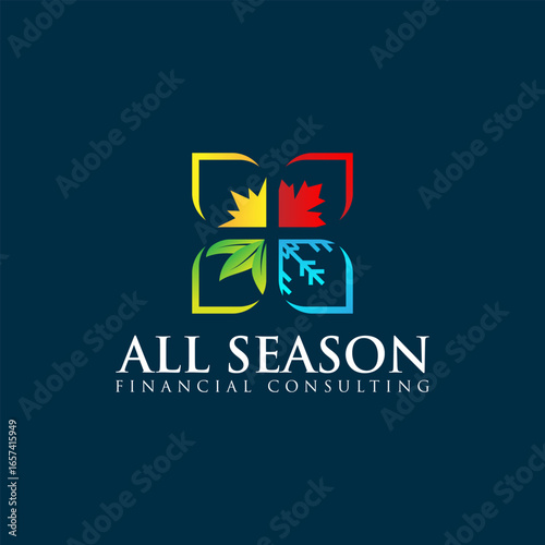 Colorful four seasons logo with a maple leaf, sun, and snow icons. This modern symbol is perfect for financial consulting or investment services in Canada, promoting year-round growth.