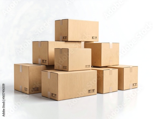 Stack of brown cardboard boxes on white background