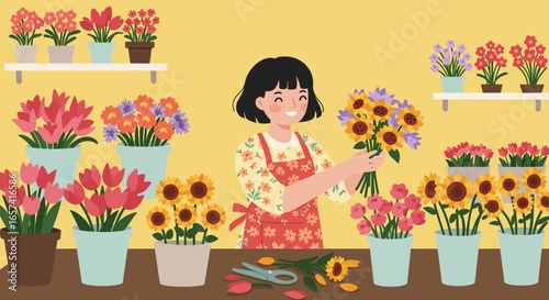Cheerful Florist Arranging a Bouquet of Sunflowers.