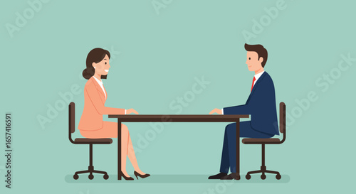 Business Meeting: Man and Woman at Table.