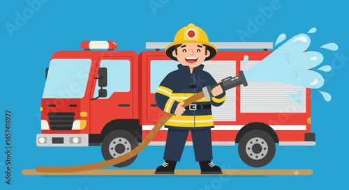 Cheerful Firefighter Holding Hose with Water Spraying.