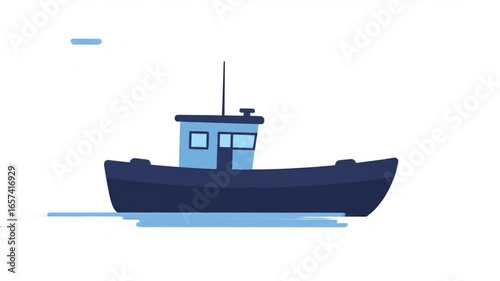 Animated Fishing Boat Floating on Water Isolated on White
