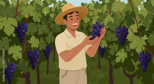 Smiling Farmer Inspecting Ripe Grapes in Vineyard.