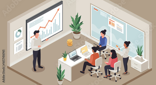 Isometric Office Meeting with Presentation and Team.