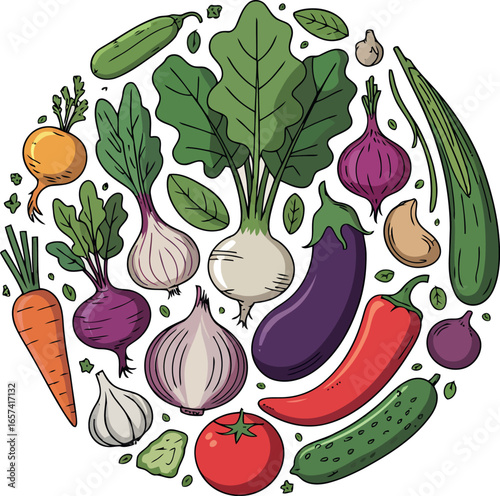 A vibrant circular pattern composed of various fresh vegetables, creating a visually appealing and wholesome design