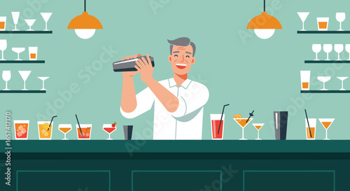 Smiling Bartender Shaking Cocktail in a Bar Setting.