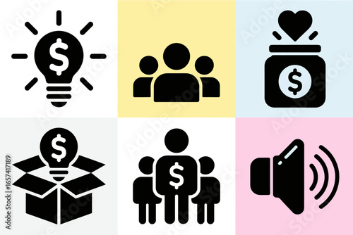 Financial icons representing ideas, team, savings, innovation, donations, and audio marketing