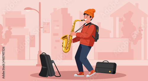 Street Musician Playing Golden Saxophone in City.
