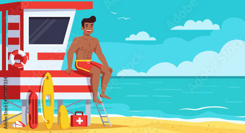 Smiling Lifeguard Sitting on Lifeguard Tower at Beach.