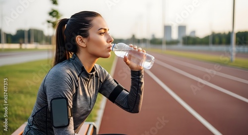Young athletic woman rehydrating with a refreshing water bottle on a running track after an intense outdoor workout, symbolizing fitness, health, and wellness