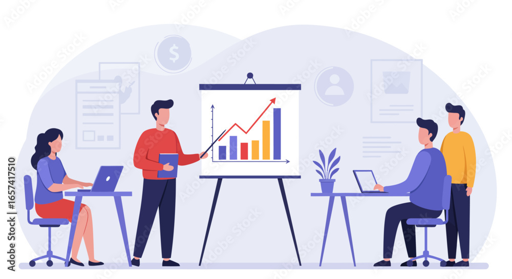 Fototapeta premium Business Presentation with Team Members and Financial Chart.