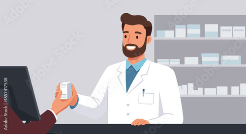 Smiling Pharmacist Handing Medication Box Over Counter.