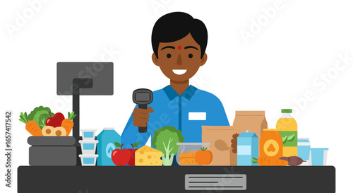 Smiling Cashier Scanning Groceries at Checkout Counter.