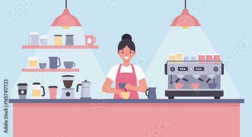 Smiling Barista Preparing Coffee at Cafe Counter.
