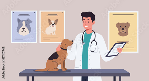 Dog at Vet Clinic with Doctor and Posters.
