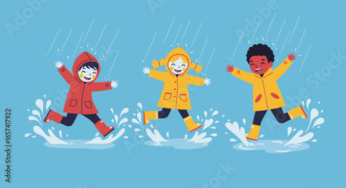 Joyful Children Playing in Rain with Raincoats.