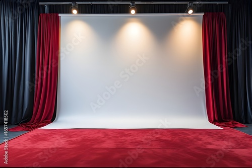 A stage setup with red carpet, white backdrop, curtains and spotlights for events and presentations