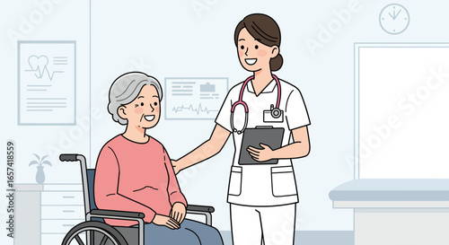 Elderly Patient in Wheelchair with Nurse Illustration.