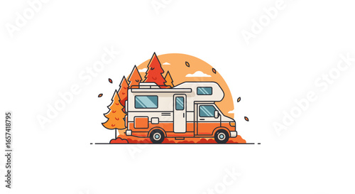 autumn campervan adventure illustrative logo for travel tourism and rv businesses seeking a cozy fallthemed brand identity