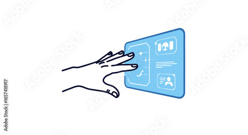 intuitive interface design hand interacting with futuristic transparent tablet displaying data analytics user profiles and progress metrics