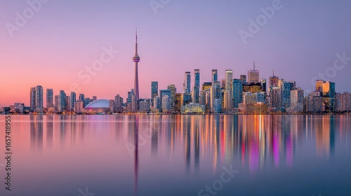 City skyline at sunrise, reflected in water