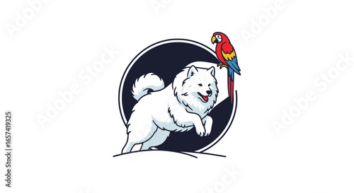 playful pet logo a charming samoyed dog and vibrant macaw for veterinary clinics pet shops or animalrelated businesses seeking a friendly and approachable brand identity