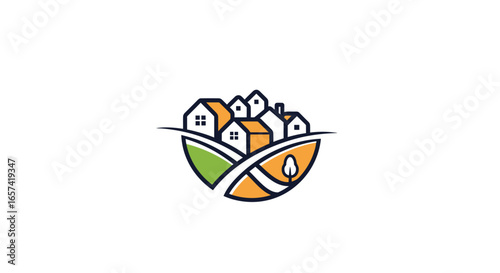 idyllic village community logo perfect for real estate neighborhood associations or rural businesses seeking a charming and trustworthy brand identity