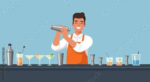 Smiling Bartender Shaking Cocktail in Orange Apron.