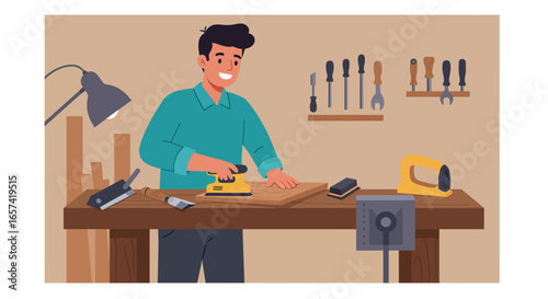 Smiling Carpenter Using Sander on Wooden Board.