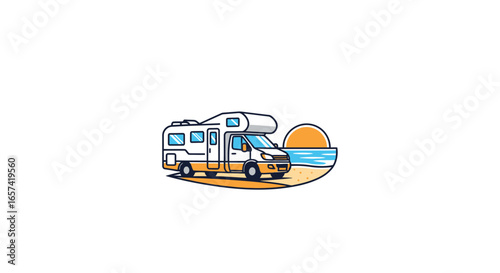 rv beach sunset logo perfect for travel agencies campervan rentals and vacation businesses seeking a symbol of freedom and adventure