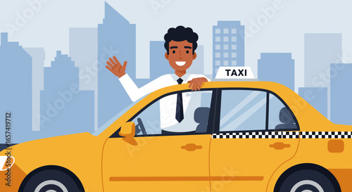 Yellow Taxi Cab with Smiling Driver Waving.
